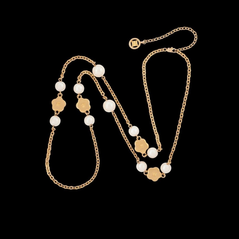Givenchy Gold Tone Faux Pearl Flower Station Necklace 40 Inch Long Logo Charms - Picture 2 of 13